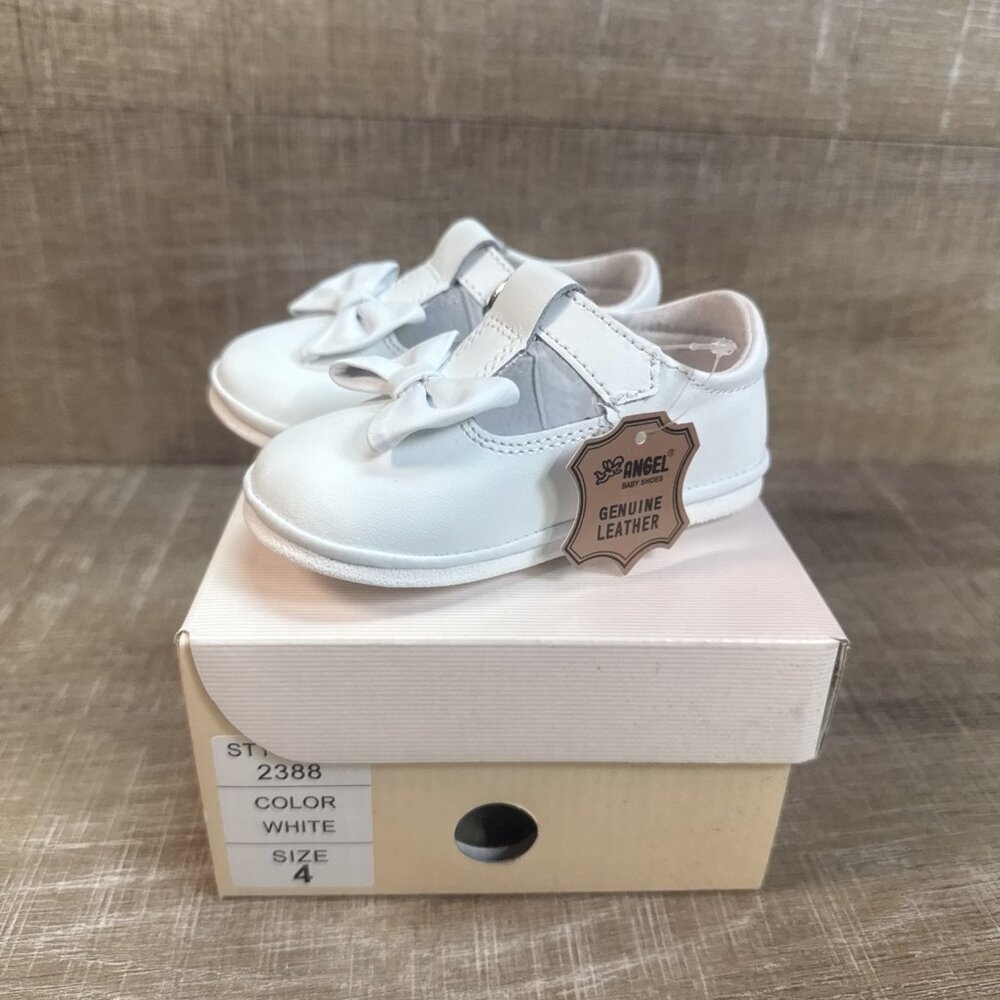 UNWORN Angel L’Amour White Genuine Leather Mary Jane Shoes Toddler Girls 4 Bow